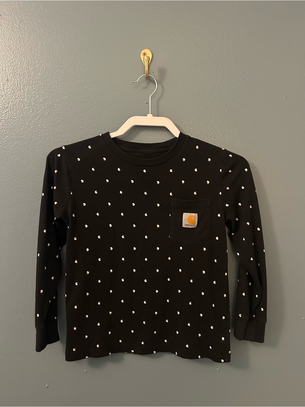 Size 8 Carhartt Kids' Black Long-Sleeve Pocket Tee with White Logo Dotted Print